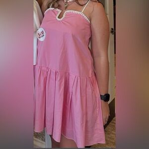 TCEC Pink Spaghetti-Strap Dress with White Rope Detail